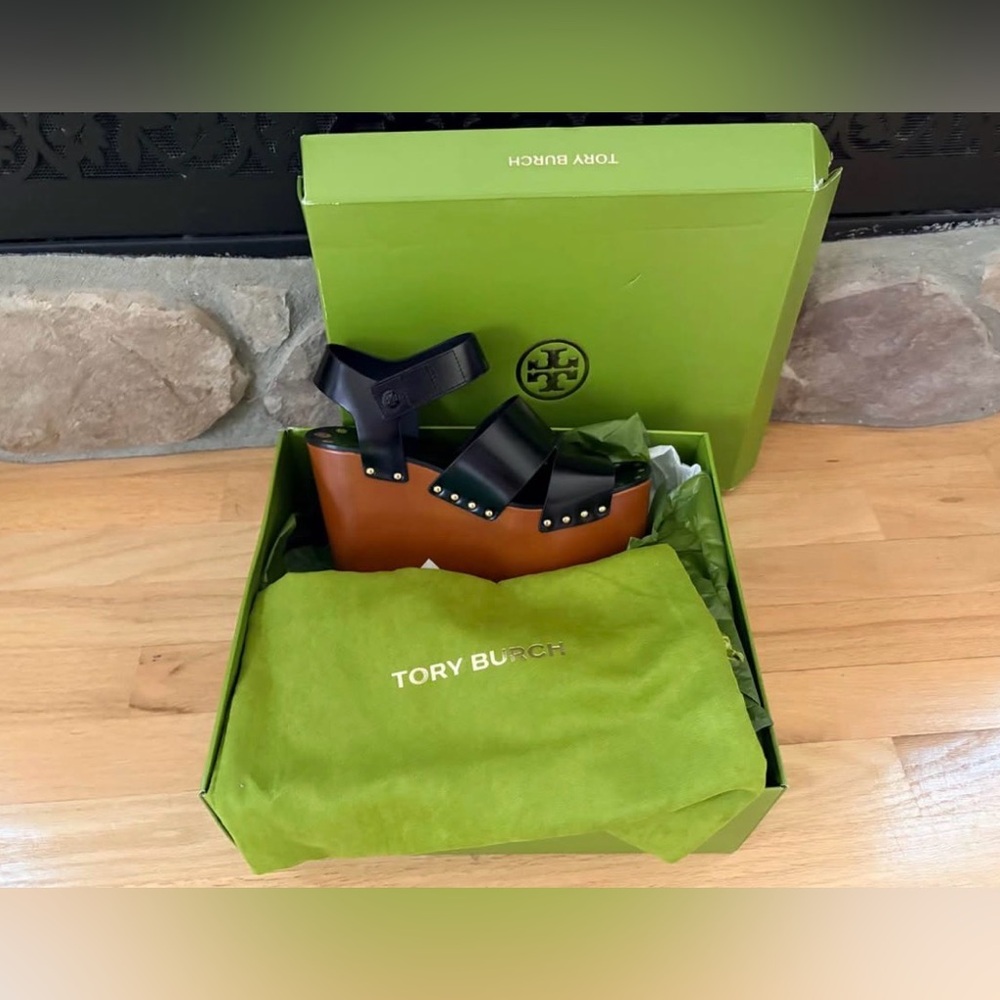 Tory Burch Black Leather and Tan Wood Platform Wedges